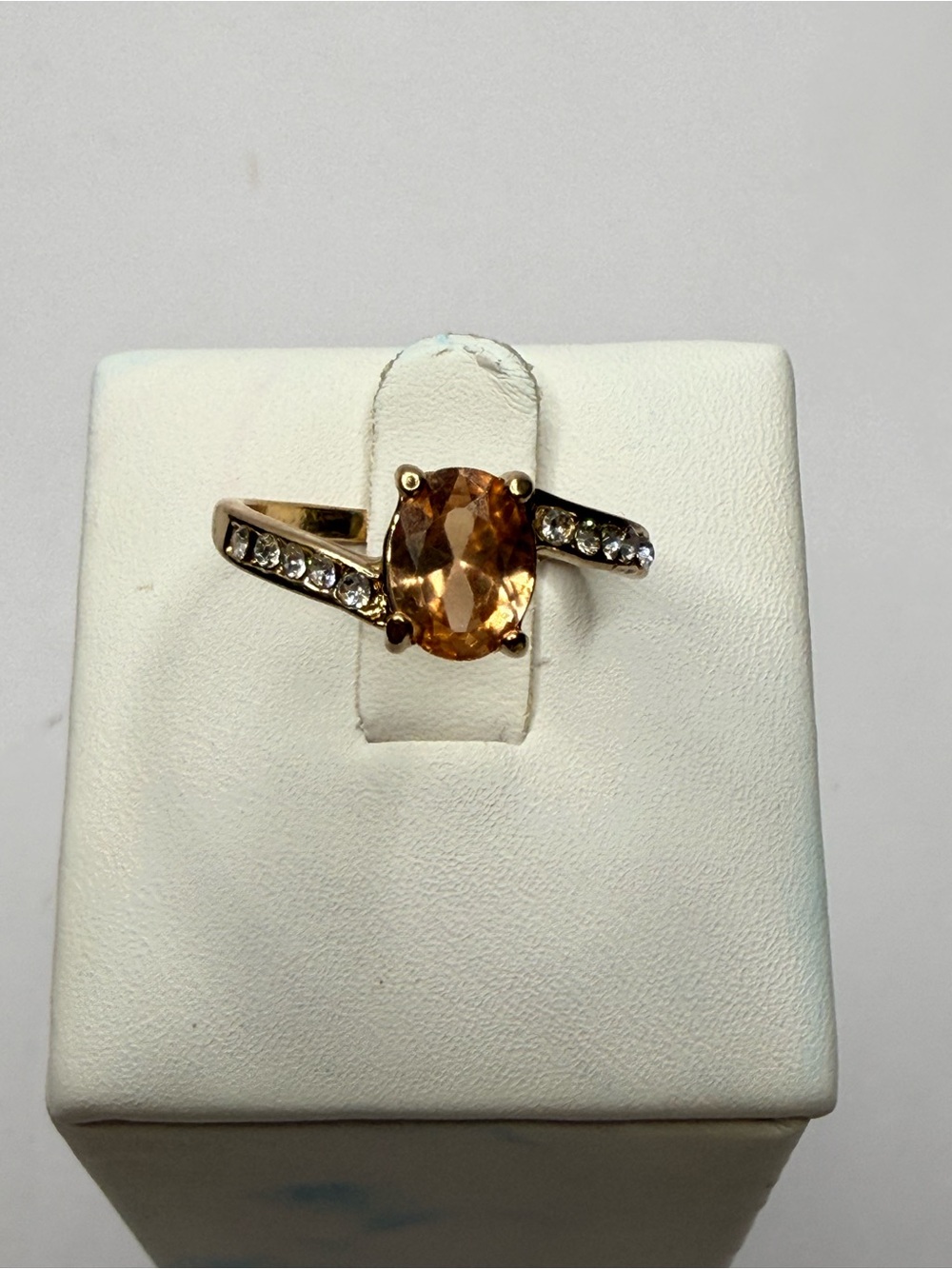 Gold Tone Ring with Oval Amber Stone and Pavé Accent Diamonds Size 8